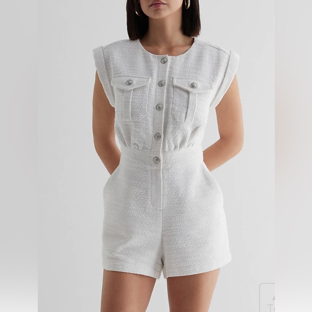 Express..Boucle tweed sleeveless utility romper in white size 2